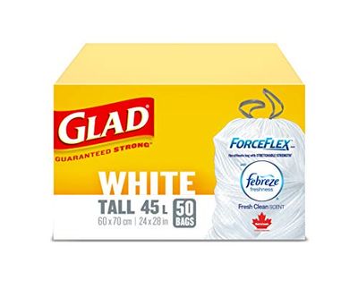 Glad White Garbage Bags - Tall 45 Litres - ForceFlex, Drawstring, with Febreze Fresh Clean Scent, 50 Trash Bags $8.97 (Reg $9.99)