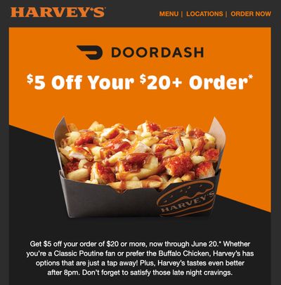 Harvey’s Canada DoorDash Offers: Get $5 off Your Order of $20