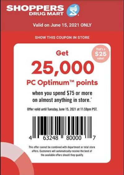Shoppers Drug Mart Canada Tuesday Text Offer: Get 25,000 PC Optimum Points When You Spend $75