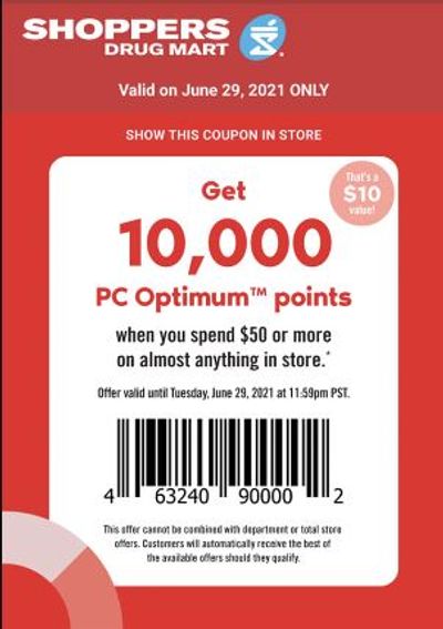 Shopprs Drug Mart Canada Tuesday Text Offer: Get 10,000 PC Optimum Points When You Spend $50
