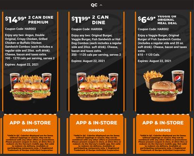 Harvey’s Canada Coupons (QC): until August 22