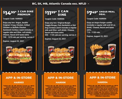 Harvey’s Canada Coupons (BC, SK, MB, Atlantic Canada exc. NFLD): until August 22