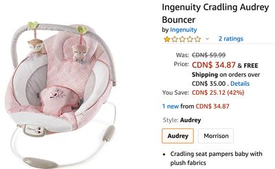 Amazon Canada Deals: Save 42% on Ingenuity Cradling Audrey Bouncer + 26% on Hasbro Baby Alive Change N Cuddle Baby