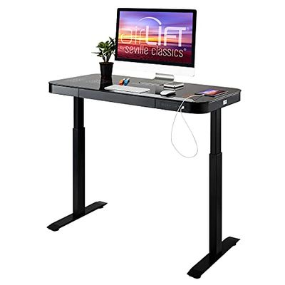 Seville Classics Airlift Tempered Glass Electric Standing Desk with Drawer, 2.4A USB Ports, 3 Memory Buttons (Max. Height 47") Dual Motors, Black/Black $439.99 (Reg $499.97)