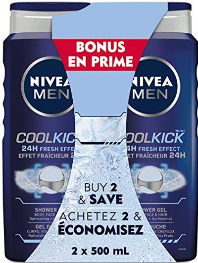 NIVEA MEN Cool Kick Shower Gel (2x500mL), 3 in 1 Body Wash for Use as Body and Hand Soap, Liquid Soap with 24H Cooling Effect $5.97 (Reg $6.97) NIVEA MEN Cool Kick Shower Gel (2x500mL), 3 in 1 Body Wash for Use as Body and Hand Soap, Liquid Soap with 24H Cooling Effect $5.97 (Reg $6.97)