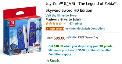 Amazon Canada Deals: The Legend of Zelda Skyward Sword HD Edition Joy-Con for $99 + More Offers