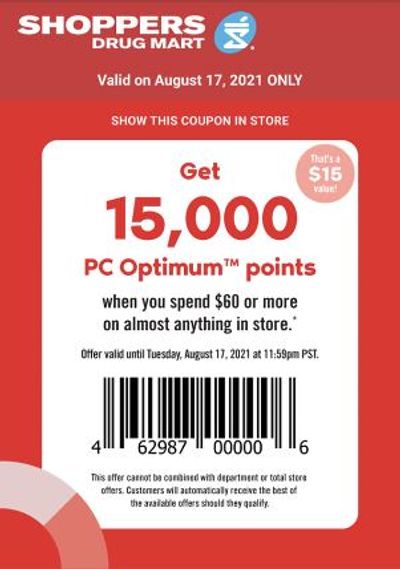 Shoppers Drug Mart Canada Tuesday Text Offers: Get 15,000 PC Optimum Points When You Spend $60