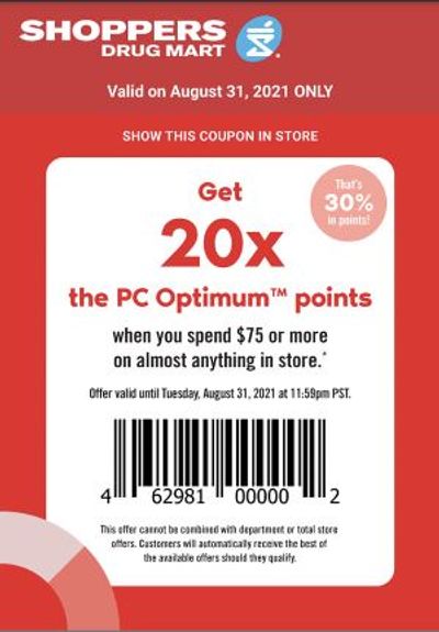 Shoppers Drug Mart Canada Tuesday Text Offer: Get 20x The Points When You Spend $75 Or More