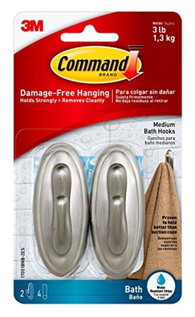 Command Traditional Plastic Bath Hooks Value Pack, Medium, Brushed Nickel, 2-Hooks (17051BNB-2ES) $9.98 (Reg $18.85)