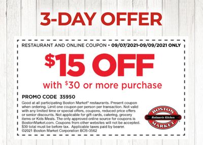 Rotisserie Rewards Members: Save $15 Off a $30+ Purchase with a New Boston Market Coupon
