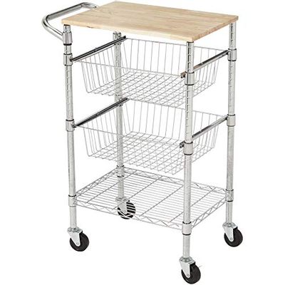 AmazonBasics 3-Tier Metal Basket Rolling Cart with Wood Top $67.27 (Reg $96.31)