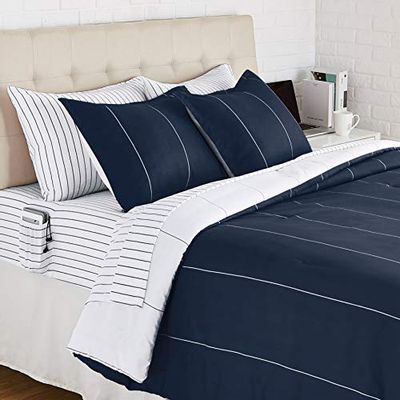 Amazon Basics College Dorm Bed-in-a-Bag with Elastic Storage Pockets - Full/Queen - - Navy Stripe $51.82 (Reg $68.11)
