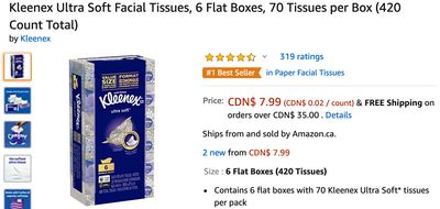 Amazon Canada Deals: Get Kleenex Ultra Soft Facial Tissues, 6 Flat Boxes for $7.99