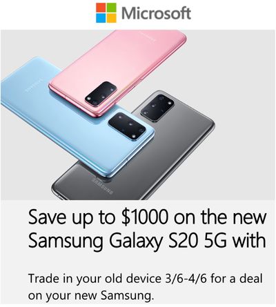Microsoft Canada Offers: Save up to $1000 on the New Samsung Galaxy S20 5G with Trade In