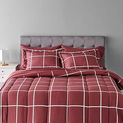 AmazonBasics 7-Piece Bed-In-A-Bag, Full / Queen Bedding Comforter Sheet Set, Burgundy Simple Plaid, Microfiber, Ultra-Soft $51.59 (Reg $78.49)