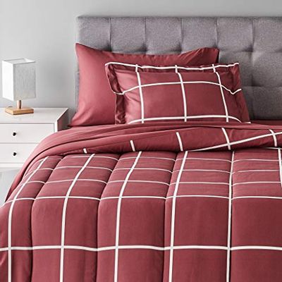 AmazonBasics 5-Piece Bed-In-A-Bag, Twin / Twin Extra-Long Bedding Comforter Sheet Set, Burgundy Simple Plaid, Microfiber, Ultra-Soft $39.7 (Reg $60.05)