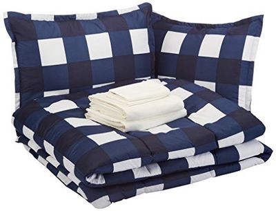 AmazonBasics 8-Piece Comforter Bedding Set, Full / Queen, Navy Oversized Gingham, Microfiber, Ultra-Soft $48.28 (Reg $75.90)