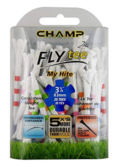 Champ Fly Tee My Hite 3-1/4"  25Ct, White Tees with Lime Green, Neon Orange & Pink, Carolina Blue, Red Stripes $11.8 (Reg $19.39)