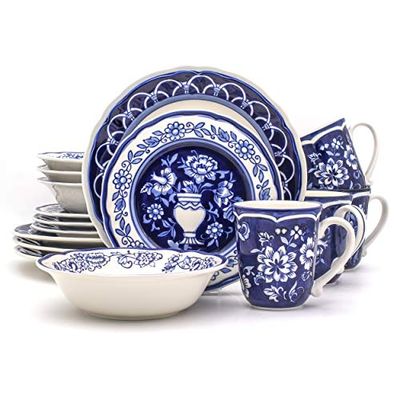 Euro Ceramica Blue Garden 16 Piece Oven Safe Hand Painted Stoneware Dinnerware Set, Service for 4, Bold Vase Design/Floral Pattern, White $127.8 (Reg $158.54)