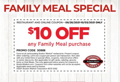 Rotisserie Rewards Members Get $10 Off Any Family Meal at Boston Market with a New Email Coupon