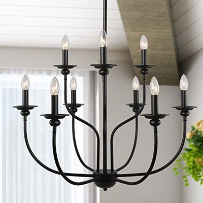 LALUZ Black Chandelier, Farmhouse Light Fixture, 2-Tier 9-Candle French Country Chandelier for Living Room, Foyer, Bedroom $226.95 (Reg $320.15)