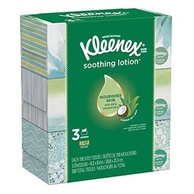Kleenex Soothing Lotion Facial Tissues, Hypoallergenic, 3 Rectangular Boxes, 110 Tissues per Box (330 Tissues Total) $3.99 (Reg $6.99)