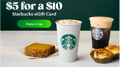 Groupon Canada Offers: Today, $5 for $10 Starbucks eGift Card.