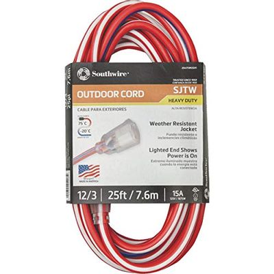 Southwire 2547SWUSA1 25-Feet, Contractor Grade, 12/3, Lighted End Red White and Blue, American Made Extension Cord, Indoor and Outdoor Use, Water Resistant Flexible Jacket, Foot, Ft $33.41 (Reg $43.21) Southwire 2547SWUSA1 25-Feet, Contractor Grade, 12/3, Lighted End Red White and Blue, American Made Extension Cord, Indoor and Outdoor Use, Water Resistant Flexible Jacket, Foot, Ft $33.41 (Reg $43.21)