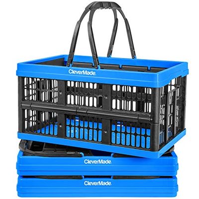 CleverMade Collapsible Plastic Grocery Shopping Baskets: Small Folding Stackable Storage Containers/Bins with Handles, Pack of 3, Bright Blue/Black $54.22 (Reg $59.52)