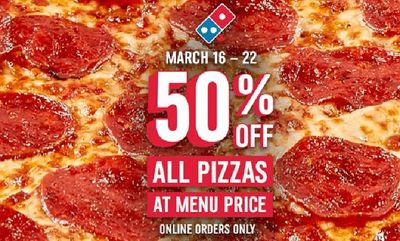 50% Off All Pizzas At Menu Price at Domino's Pizza