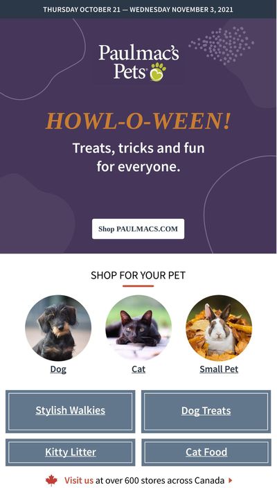 Paulmac's Pets Flyer October 21 to November 3