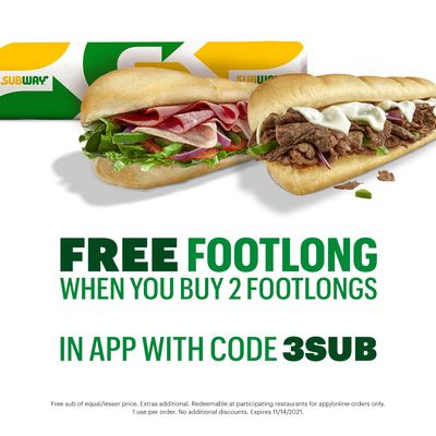 Subway Canada Promos: FREE Footlong with Purchase + Any Footlong for $7.99