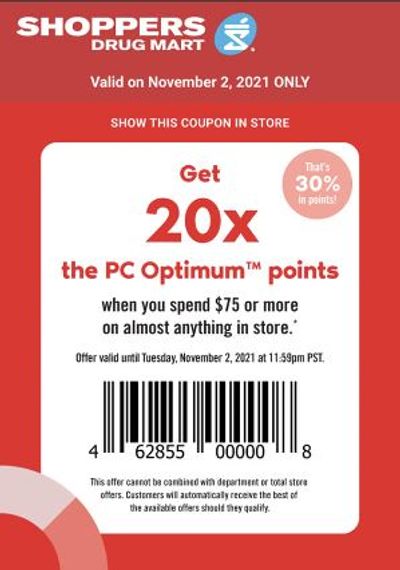 Shoppers Drug Mart Canada Tuesday Text Offer: 20x The PC Optimum Points When You Spend $75