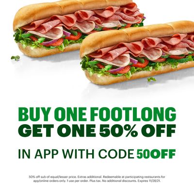 Subway Canada Promos: BOGO 50% Off + Footlong combo for $10