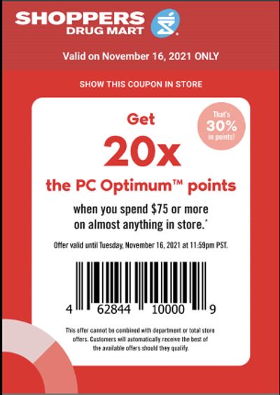Shoppers Drug Mart Canada Tuesday Text Offer: 20x The PC Optimum Points When You Spend $75 Or More