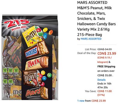 Amazon Canada Deals Of The Day: Save 31% on MARS ASSORTED M&M’S Peanut, Milk Chocolate, Mars, Snickers, & Twix Halloween Candy Bars Variety Mix