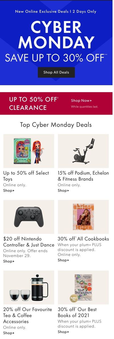 Chapters Indigo Cyber Monday Online Deals November 29 and 30