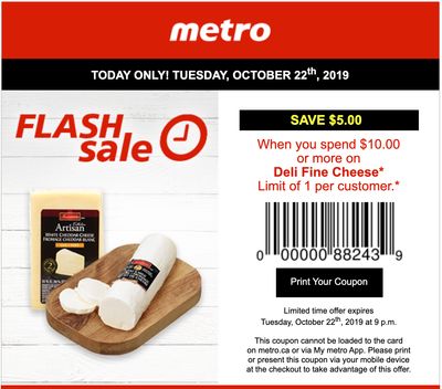 Metro Canada Flash Sale Coupon: Save $5 When You Spend $10 on  Deli Fine Cheese, October 22