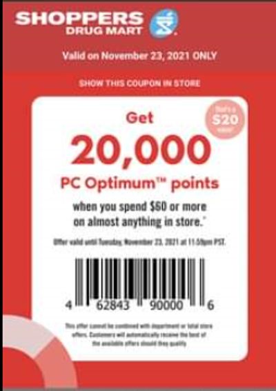 Shoppers Drug Mart Canada Tuesday Text Offer: 20,000 PC Optimum Points When You Spend $60 or More