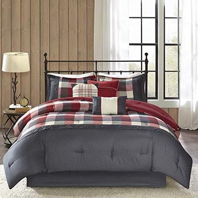 Madison Park Ridge Comforter Set-Cabin Lodge Plaid Herringbone Design All Season Down Alternative Cozy Bedding with Matching Bedskirt, Shams, Decorative Pillow, Queen (90 in x 90 in), Red 7 Piece $119.67 (Reg $180.99)