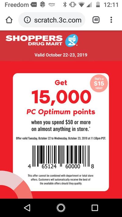 Shoppers Drug Mart Tuesday Text Offer: Get 15,000 PC Optimum Points When You Spend $50