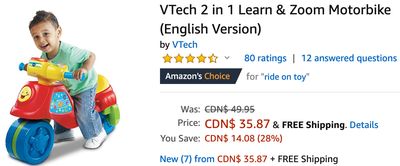 Amazon Canada Deals: Save 28% on VTech 2 in 1 Learn & Zoom Motorbike + 30% on Jolly Jumper with Stand