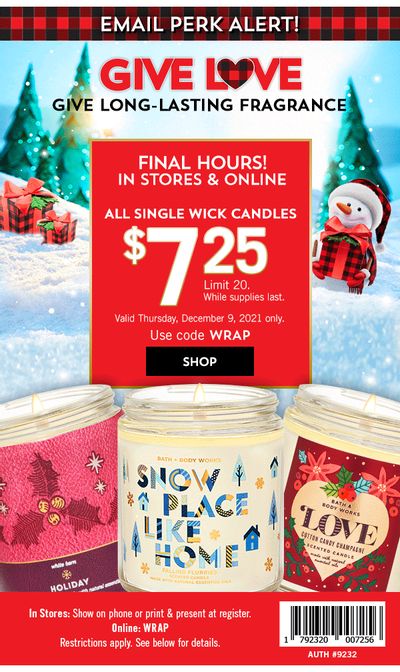 Bath & Body Works Canada Holiday Coupon Deals: All Single Wick Candles for $7.25 Only