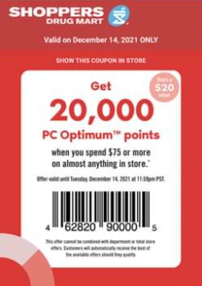 Shoppers Drug Mart Canada Tuesday Text Offer: 20,000 Points When You Spend $75 Or More