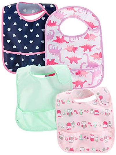 Simple Joys by Carter's Baby Girls' 4-Pack Feeder Bibs, Dino/Owls/Mint/Navy Hearts, One Size $13.58 (Reg $18.70)