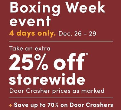 Mark’s Canada Boxing Day 2021 Event Sale: Extra 25% off Everything Sitewide + up to 70% off Door Crashers