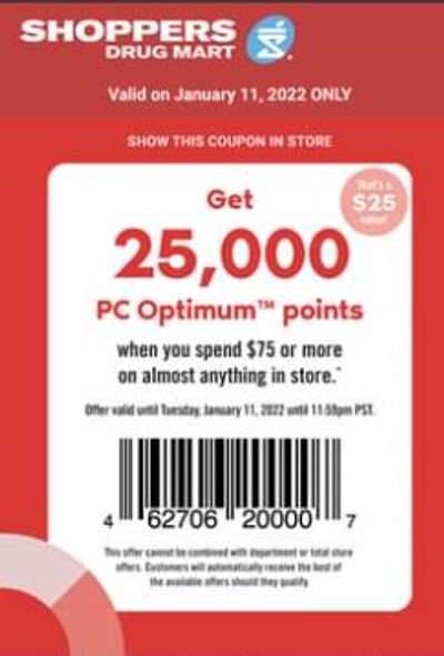Shoppers Drug Mart Canada Tuesday Text Offer: 25,000 PC Optimum Points When You Spend $75 Or More
