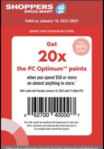 Shoppers Drug Mart Canada Tuesday Text Offer” Get 20x The PC Optimum Points When You Spend $50