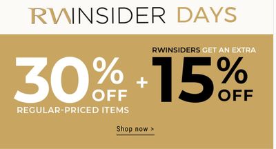 RW&CO. Canada Deals: Save 30% + Extra 15% off Regular Price Items + up to 60% + Extra 30% off Sale Items