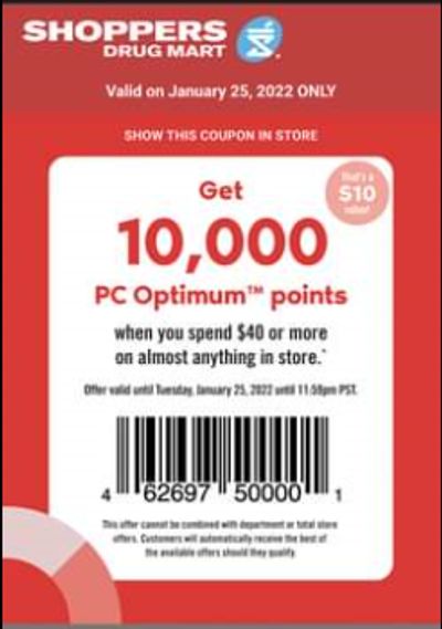 Shoppers Drug Mart Canada Tuesday Text Offer: 10,000 PC Optimum Points When You Spend $40